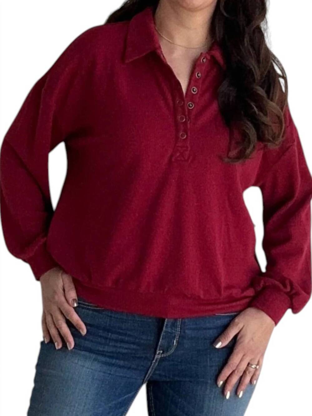 NEW BLU PEPPER collared half snap knit long sleeve top in deep red